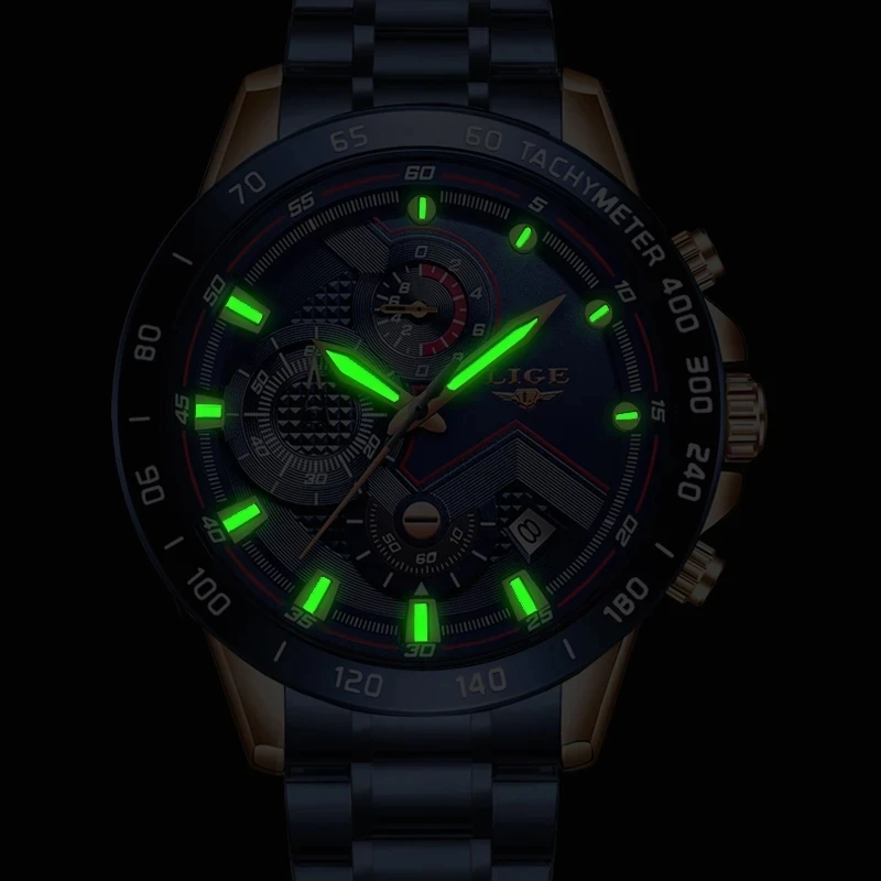 Lige 9982 Luxury Brand Mens Quartz Watch - Stainless Steel Chronograph