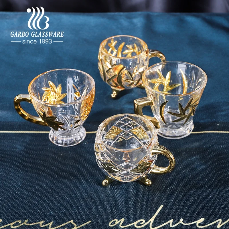 Central Asian markets engraved glass cups with electroplated color gold for  tea serving