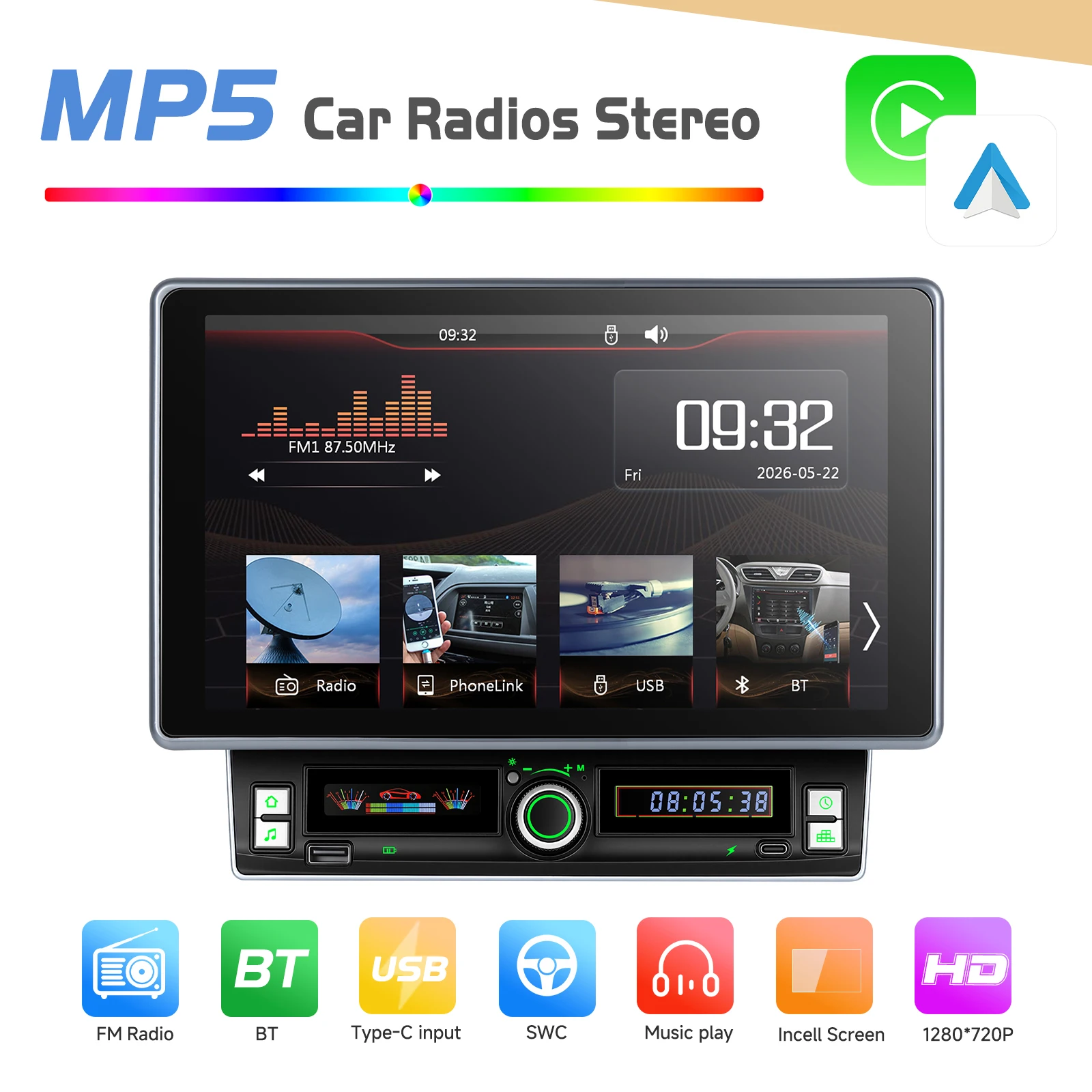 Podofo 2 Din Car MP5 Player 10.1'' Rotatable Incell Screen Wireless CarPlay/Android Auto Car Radio BT Type-C Charging OEM/ODM A4677