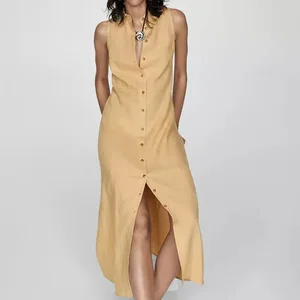 Modest Shirt Style Sleeveless Collared Linen Shirt Midi Dress With Solid Front Button Women's Dresses
