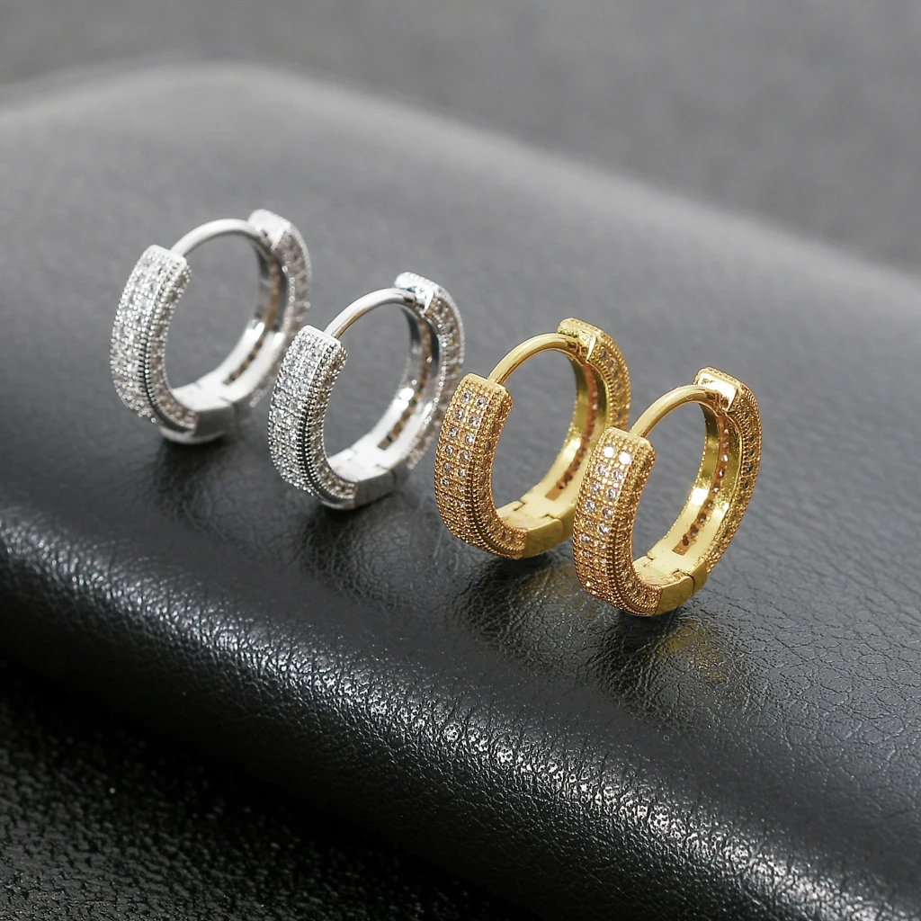 Men's Iced CZ 925 Sterling Silver Huggie Hoop Earrings – Two Tone Gold, 10mm, Handmade USA