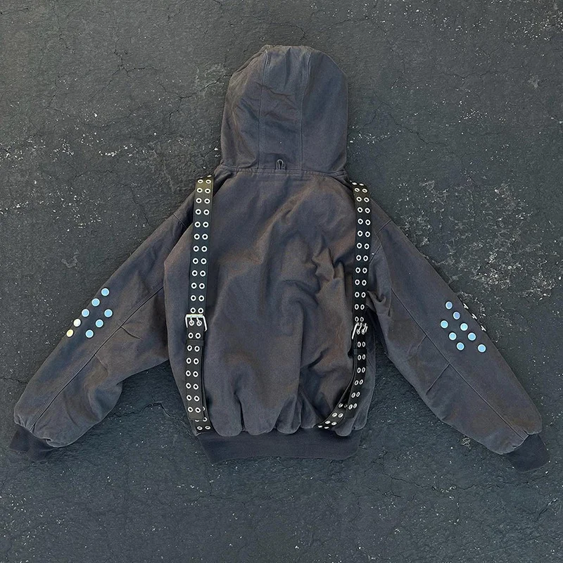 Customized Heavy Fabric Unisex Oversize Acid Washing Effect Button Belt Trim Terry Vintage Casual Hoodie gallery 2