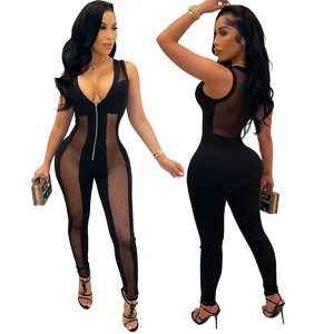 Summer New Arrivals Fashion Spandex/Polyester Mesh See-through Solid Skinny Breathable Sexy & Club Chain Jumpsuit Women