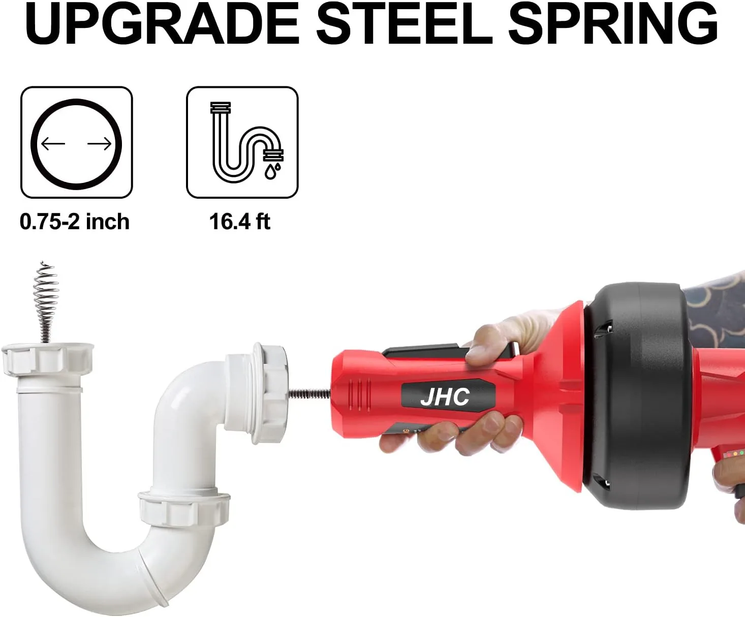 JHC 12V Lithium Ion Cordless Automatic Feed Drain Cleaner for Toilet Sewer and Kitchen Pipe Cleaning