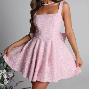 Sparkling Pink Strapless Mini Dress Glittery Sequin Detail Solid Pattern Woven Party Gown for Women's Night Bowknot Back Detail