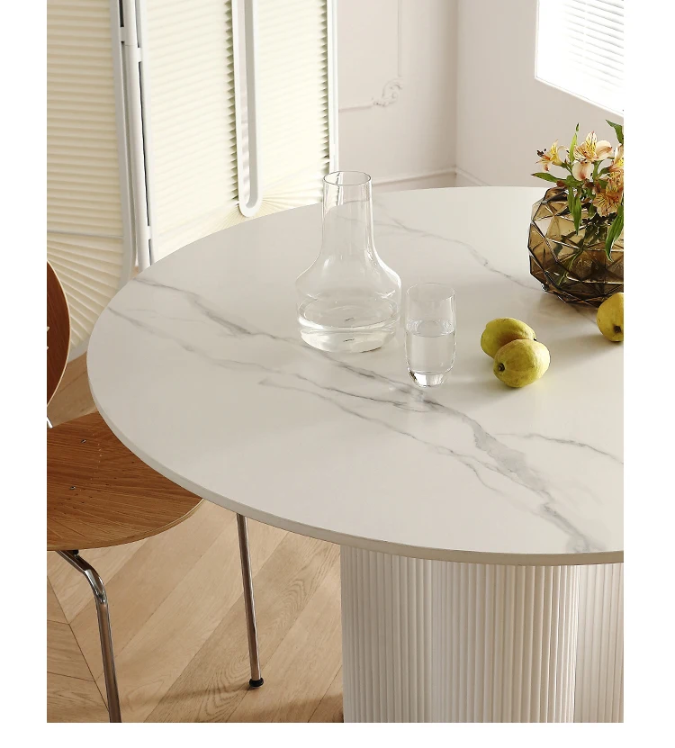 Unique Luxury Round Dining Table Modern Pure White Marble Stone Roman Column Tripod Tables and Chairs Wood