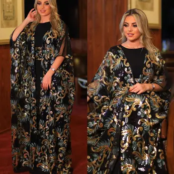 Sequined Kaftan Dress Women 2 Piece Set with Belt Longue Robe Dubai Turkey Abaya Islam Clothing Kimono Djellaba