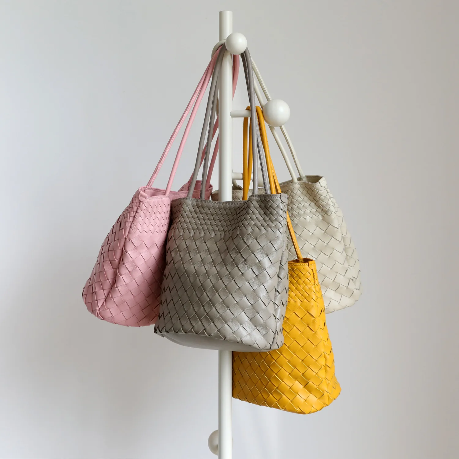 Niche High-end Casual Woven Sheepskin Zip Bucket Bag Two Straps Polyester Multi-compartment Large Capacity All-match