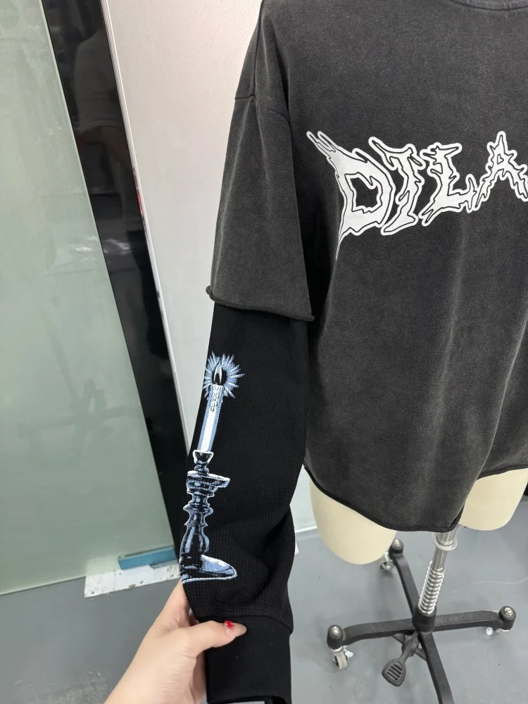 Salati T Shirt Manufacturer Cotton 300GSM Screen Print Raw Hem Stone Acid Wash Thermal Double Layer Long Sleeve T-shirts for Men gallery 4