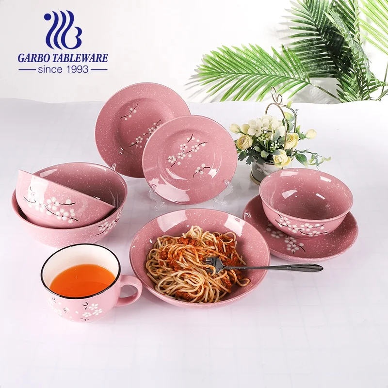 Ensemble de Vaisselle en Céramique Style Japonais 6 Pcs, Couverts Créatifs en Céramique (Rose