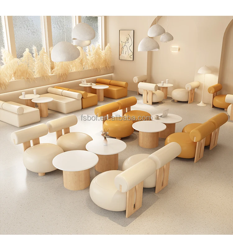 Modern Restaurant Furniture Round Table And Leather Chairs Leisure Wood