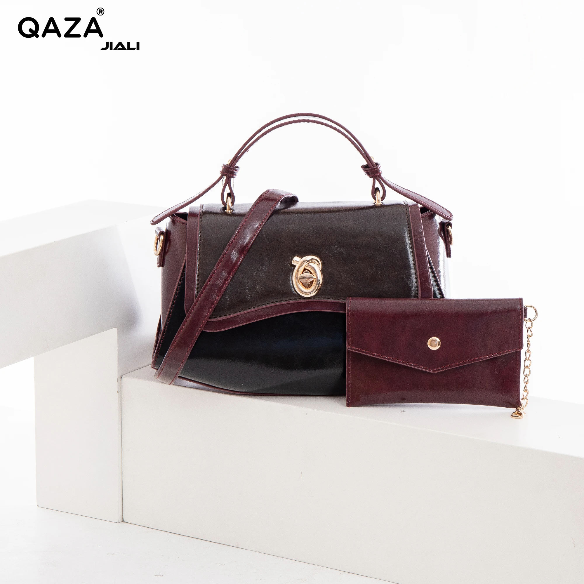 QAZA 2in1 Vegan Waterproof PU Western Tote & Mini Bucket Bag Red