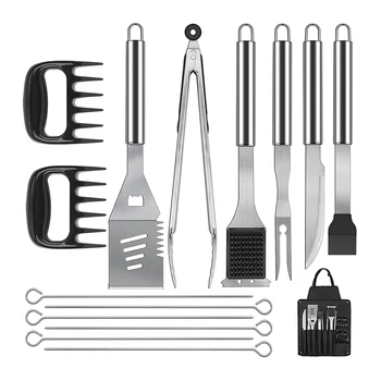 15pcs BBQ Grill Tools Set Heavy Duty BBQ Accessories Spatula Tongs Fork Knife Grill Tools with Apron Bag Set