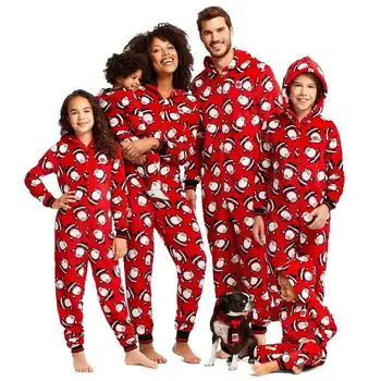 Family matching Christmas pajamas outfits adult sleepwear red light printed hooded Christmas onesie pajamas for whole fimalies