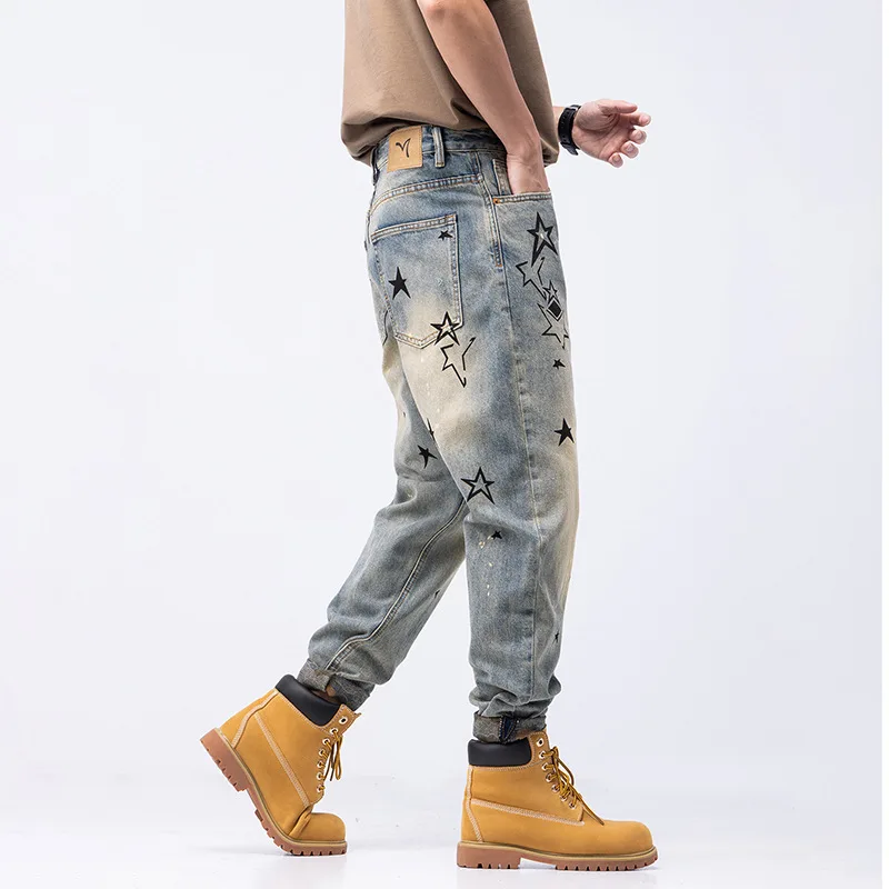 Customize Logo Spring Street Retro Washed Men Denim Jeans Star Print Distressed Straight Leg Jeans