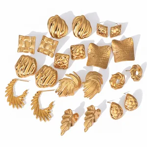 High-End Retro Pleated Stud Earrings Cross-Border Geometric Square Stainless Steel Real Gold Plated Luxury Fashion