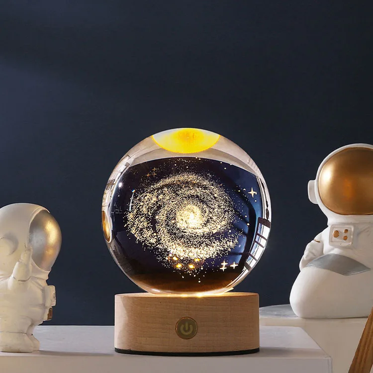 Light Up Crystal Laser Milky Way Ball With Wood Led Light Base Mh-q0242 