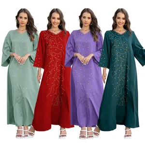 Wholesale New Middle Eastern Muslim Rhinestone Loose Robe Solid Color Long Sleeve Dress