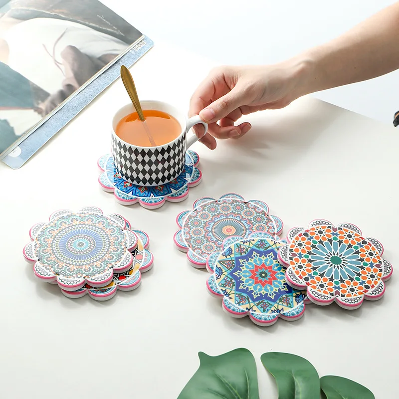 Blank Print Flower Shape Sublimation Custom Drink Bottom Cup Wooden Absorbent Ceramic Coaster With Cork for Wedding