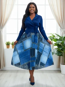 New European-style Pleated Dress with Fashionable Prints for Ladies in Large Size