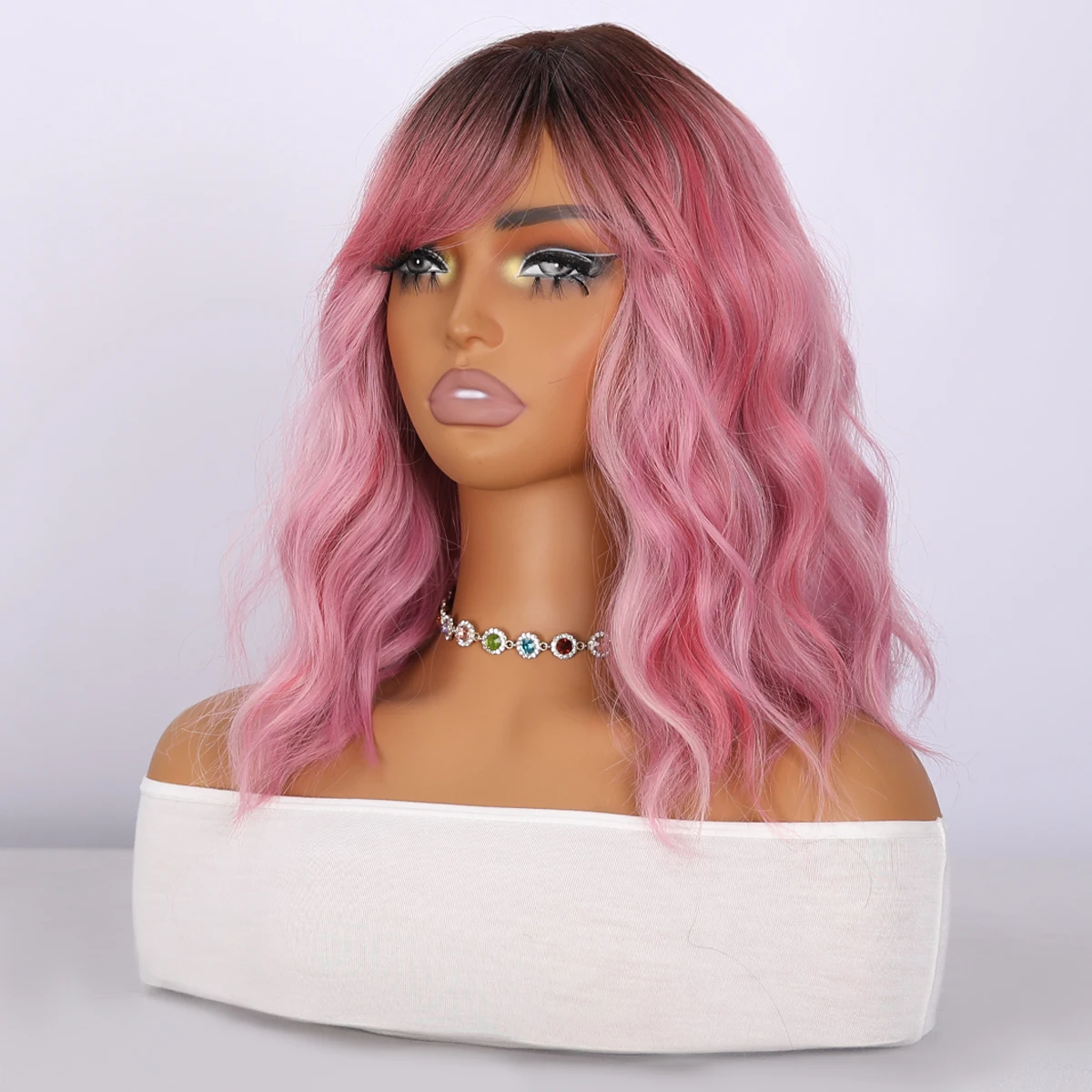 Pink Bob Wigs 14 Inch Light Pink Bob Shoulder-length Wavy Synthetic Wig In LIGHT  main image 2
