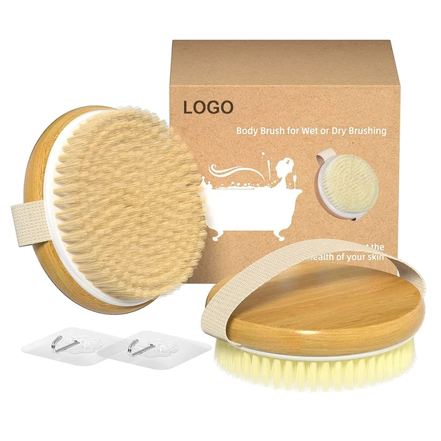 Custom Logo Natural Wooden And Boar Bristle Dry Body Cleaning Brush Bath Brush And Massage