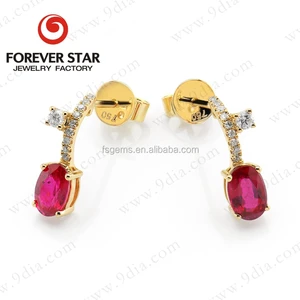 Wholesale 14K Gold Drop Earrings with Oval Ruby Gemstone and Diamond Party Gift Jewelry From China