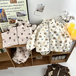 Winter New Worsted Polyester/Cotton Thickened Children's Home Clothes Casual Animal Pattern Pajamas Set for Boys Girls