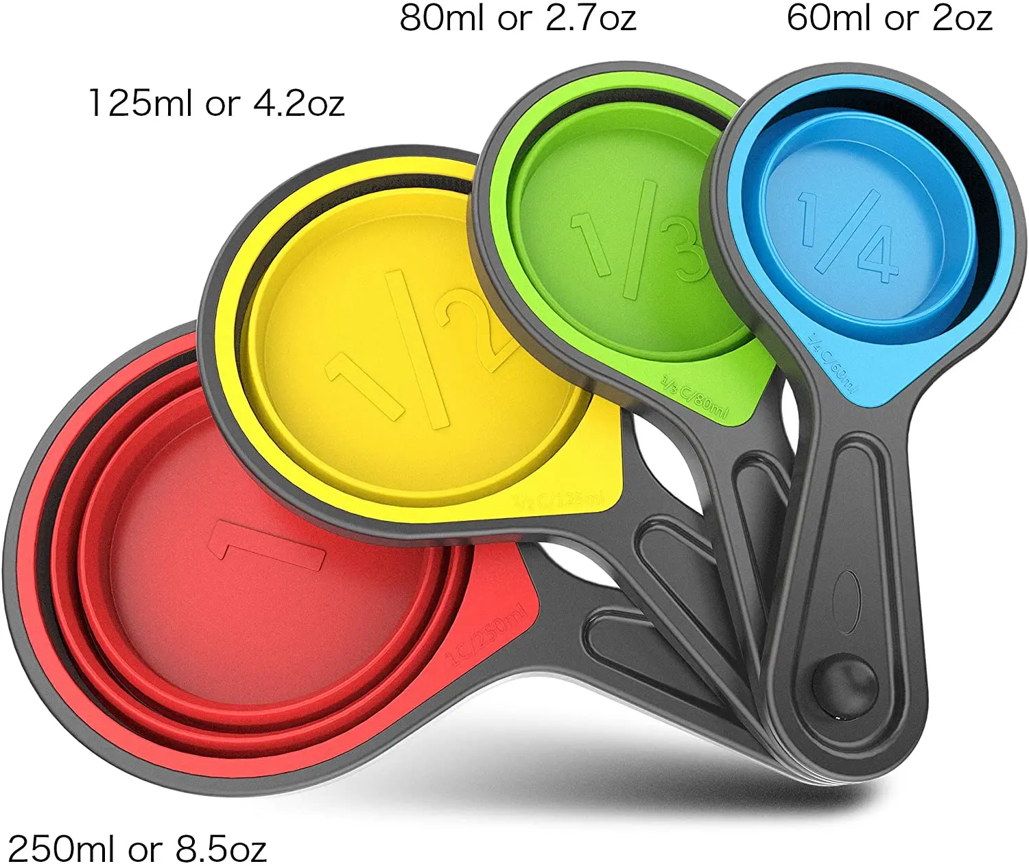 TAPBULL Collapsible Silicone Measuring Cups with 60ml/80ml/125ml/250ml - 4  Piece Set Kitchen Measuring Tools (4 Colors)