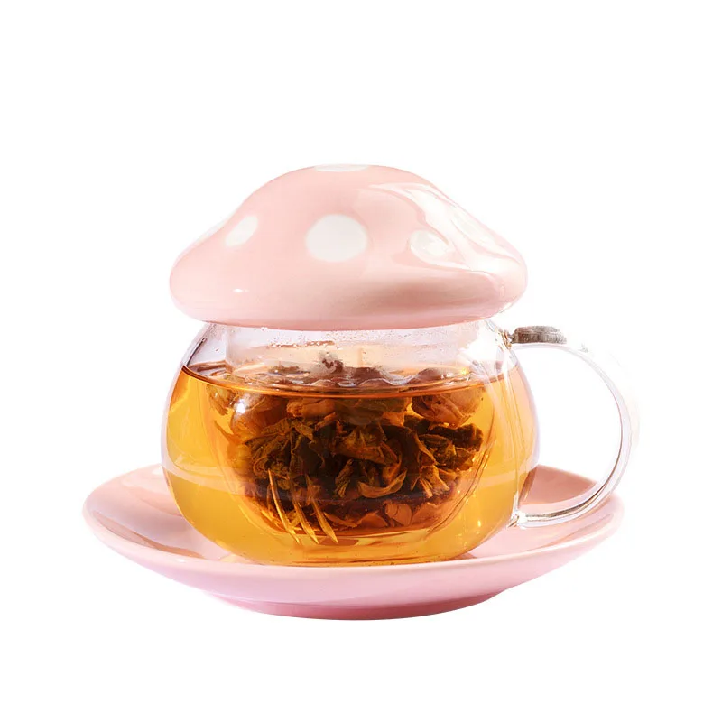 290ml Cute Mushroom Glass Coffee Mug with Ceramic Cup Holder Reheatable  Milk Cup Afternoon Flower Tea Cup with Glass Filter