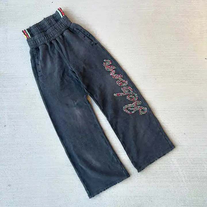 Salati Custom Y2K 350 GSM Loose Distressed Double Waisted Rhinestone Acid Wash Flared Track Sweat Pants Baggy Sweatpants for Men gallery 6
