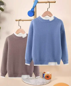 Boys New Fleece-lined Autumn/Winter Blue Two-piece Base Shirt Children's Knitted Sweater