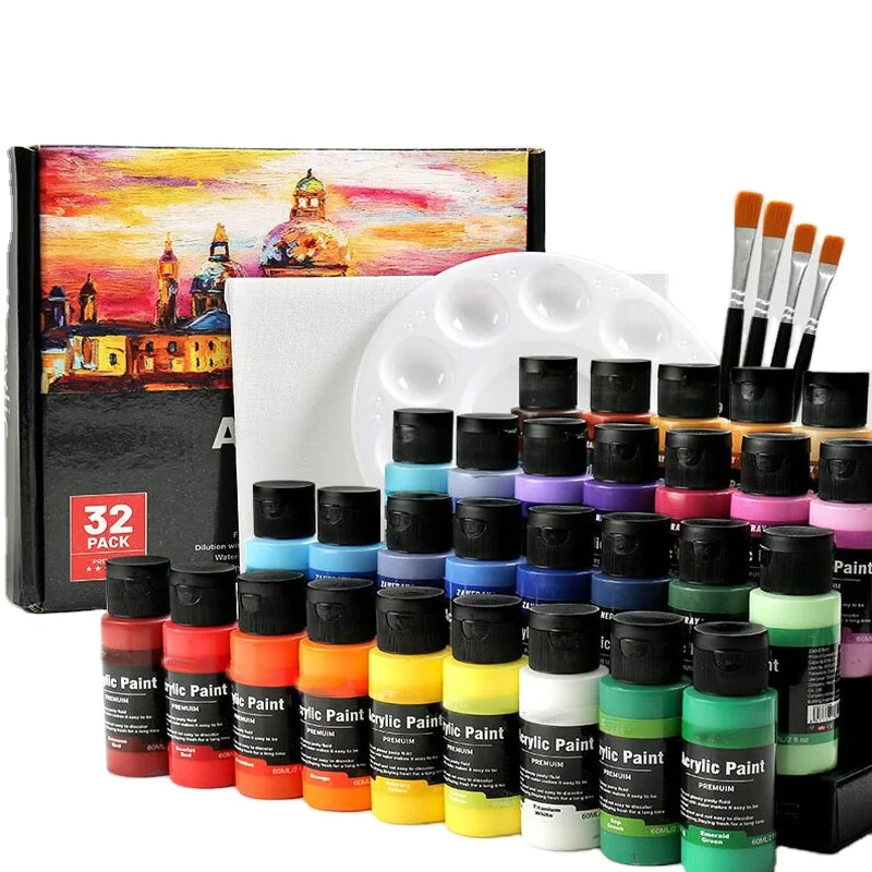 32 Pack 24 Colors Acrylic Paint No Fading Rich Pigment Matte Acrylic Paint  Set With Paint Brush,1Palette,1Canvas Panel