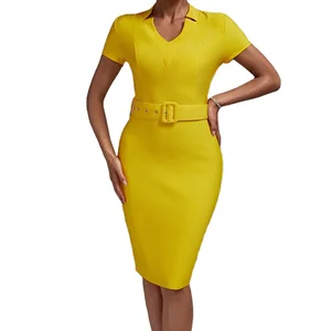 Custom High Quality Office Women Dress V Neck Short Sleeve Knee Length Solid Bandage Dress With Belt