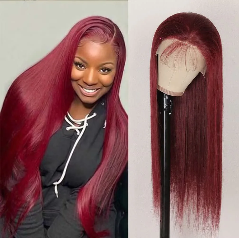 40 Inches Red Color Silky Straight Cuticle Aligned Human Hair Lace Frontal Wigs With Baby Hair