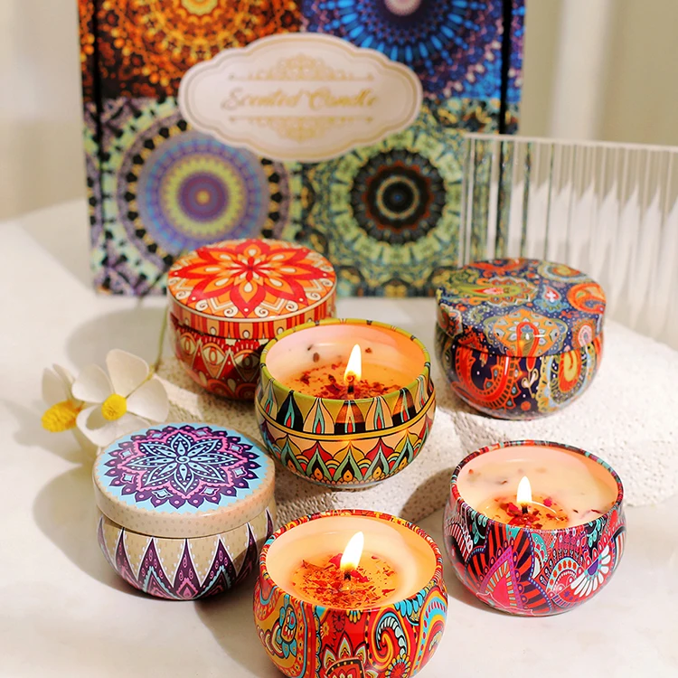 Ethnic Style Iron Box Aromatherapy Candles Bedroom Sleeping Aid Essential Oil Soy Wax Incense