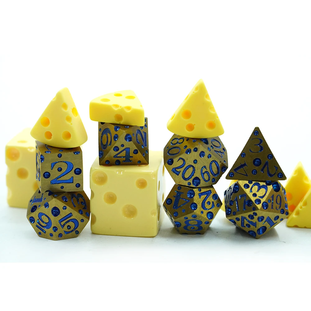 Conjunt de 7 daus de coure metàl·lic de 16 mm amb punts blaus de formatge per a jocs TTRPG DND i entreteniment