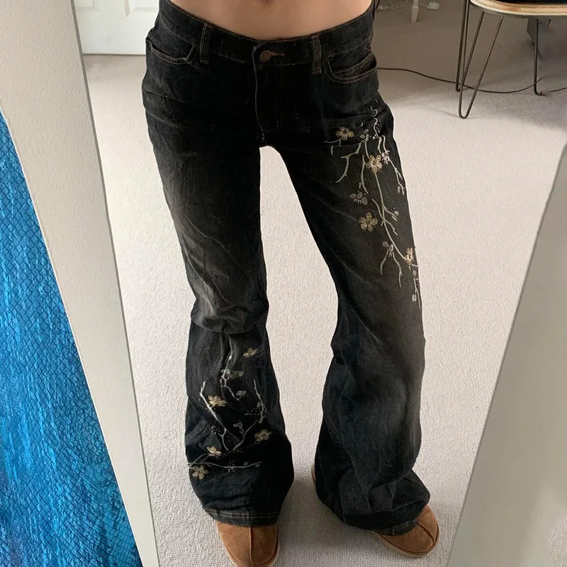 Denim Women High Street Hot Girl Skinny Boot Cut Dark Wash Low Waist Long Plant Embroidery Pants