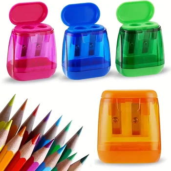 School Supplies Double Hole Compact Colorful Handheld Pencil Sharpener for Kids with Cover Adult Student School Class Home