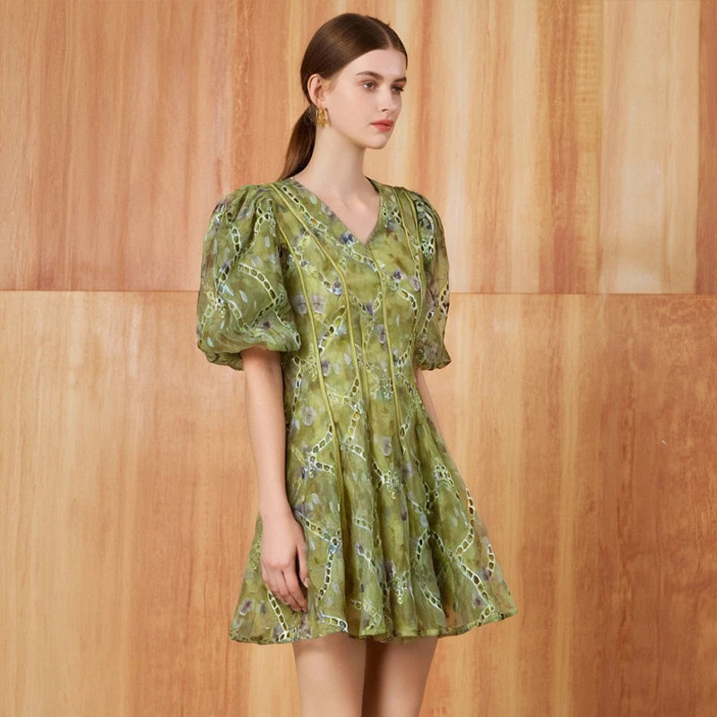 ZYHT 65070 Wholesale Hollow Out Organza One Piece Dress Casual Floral Green  Short a Line Fairy Dress for Women| Alibaba.com