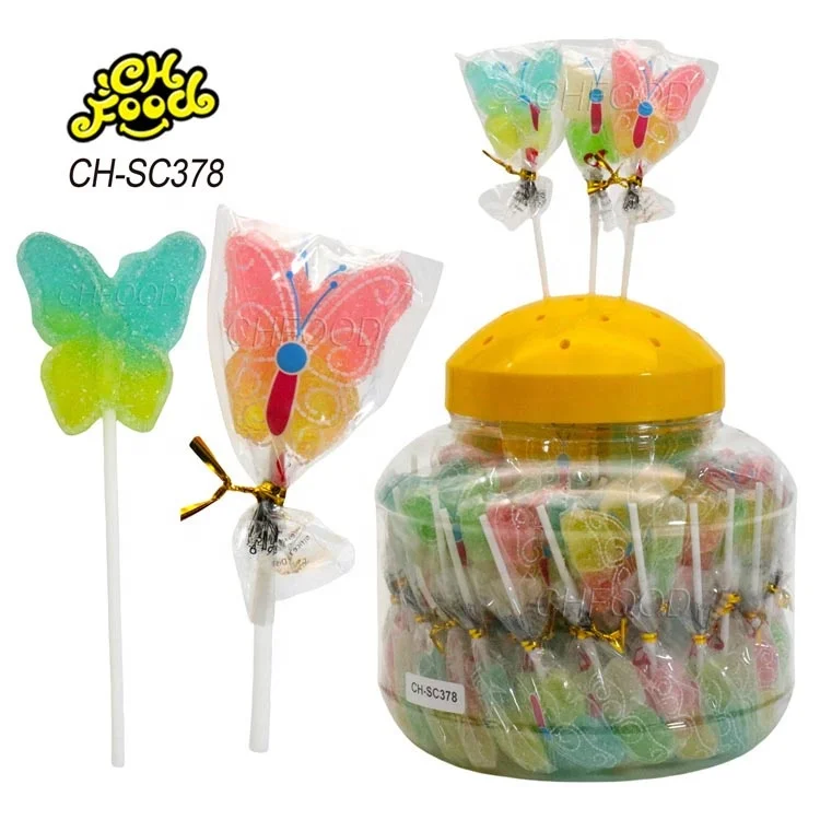 Wholesale Halal Cartoon Fruit Flaovr Sugar Coated Butterfly Gummy Soft Candy Lollipop Sweets Custom Kids Snack