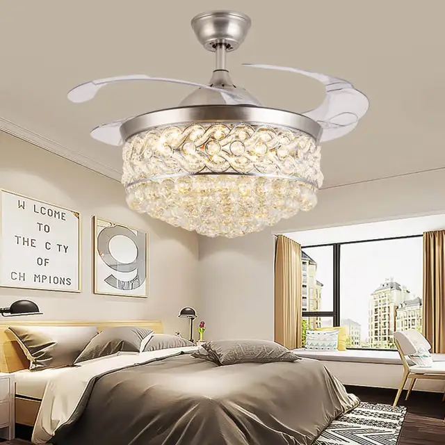 Modern Luxury Crystal LED Ceiling Fan Light Lamp for Home Decor 3-Color Retractable Chandelier with Copper Body for Bedroom