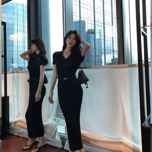 Women's Casual Midi Length Knitted Dress for Summer Elastic Slim Silhouette Simple Fashion Short Sleeves Buttons Knit Dress