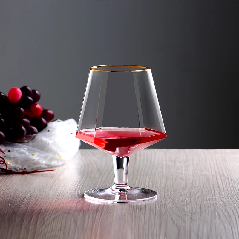 Wholesale Luxury Crystal Diamond Shaped Short Stem 14oz Custom logo Gold Rim Good Modern Brandy Goblet Red Wine Glass