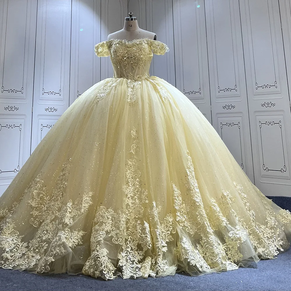 Yellow Princess Ball Gown Quinceanera Dresses Off Shoulder Lace Appliques  Beads Vestidos De 15 Anos Sweet 16Th Dress Lsmu03-1