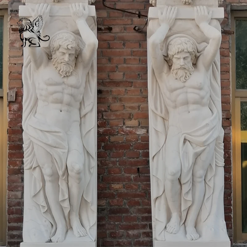 BLVE Decorative Building Design Large Handcarved White Stone Roman Greek Naked Man Pillar Statue Marble Square Columns