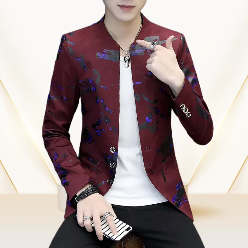 Men Printed Three Button Round Neck Small Suit High Quality Dress
