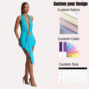 Ladies New Solid Color Sexy Deep V Neck Sleeveless Backless Halter Open Back Split Elegant Fashion Sexy Women Dress