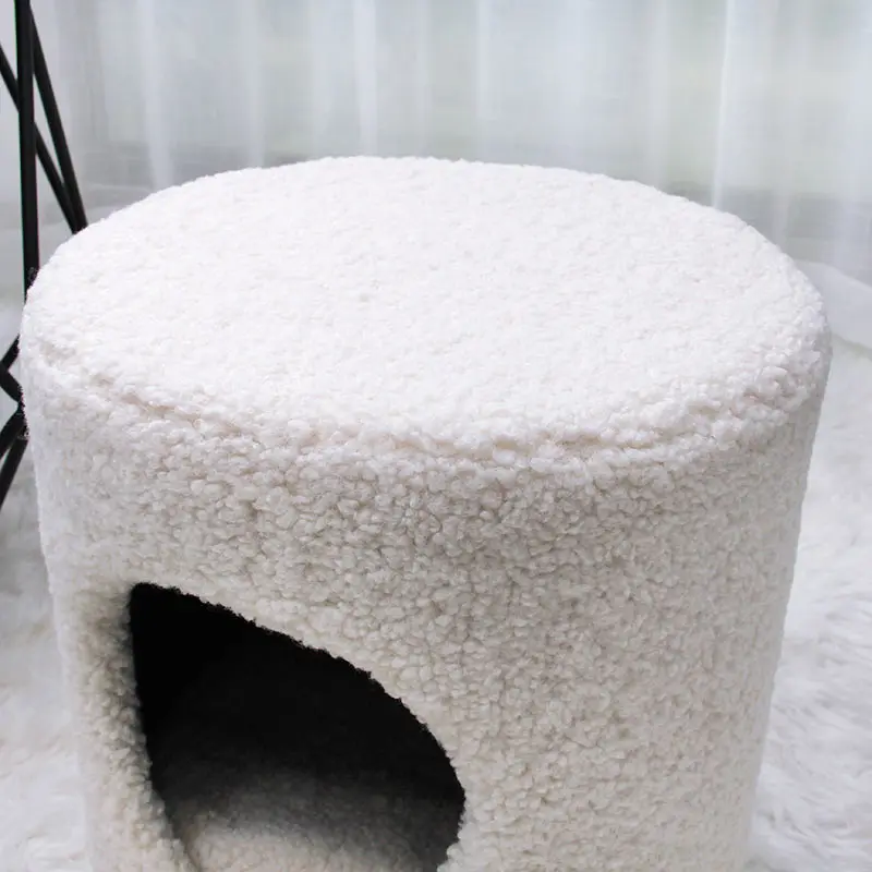 Customized Modern Seat Living Room Furniture Fake Fur Pet House Storage Ottomans Stool Chair with Wooden Legs