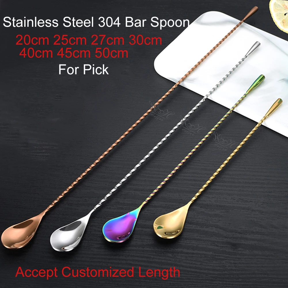 Custom Factory OEM 30 40 50cm Stainless Steel Cocktail Wine Mixing Spoon Long for Ice Cubes Mixer Teardrop Twisted Bar Spoons